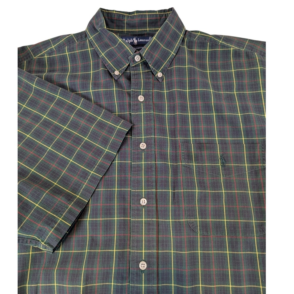 Ralph Lauren Plaid Short Sleeve‎ Button Down Shirt Men's XL Green Cotton